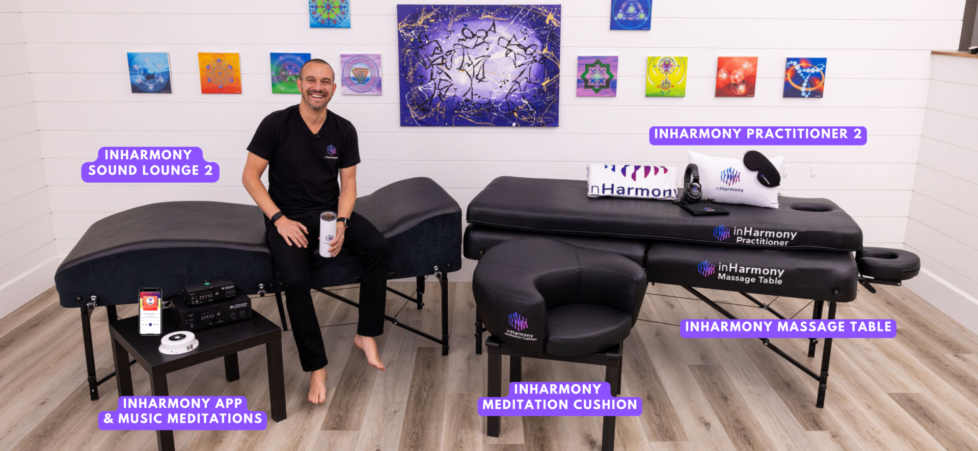 inHarmony vibroacoustic tools: Sound Lounge 2, Practitioner 2, Massage Table, Meditation Cushion and App.